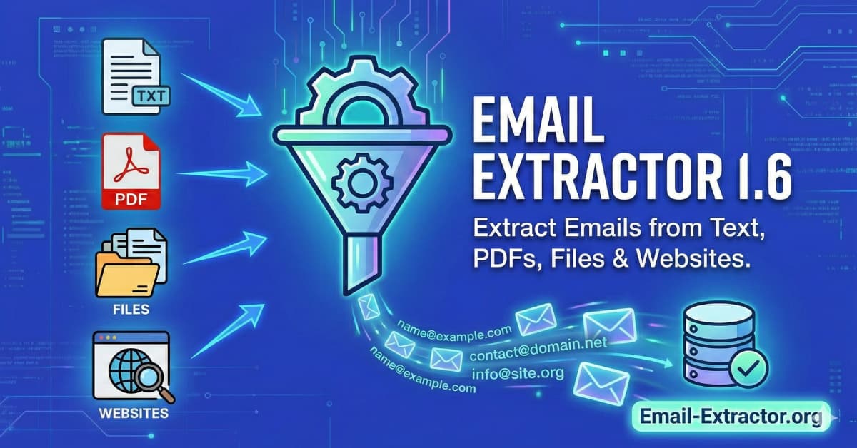 Email Extractor 1.6 interface showing email extraction from PDFs and text files