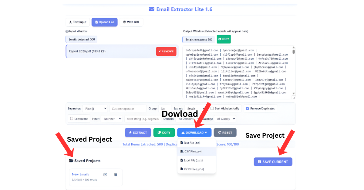 Exporting and downloading clean email list from Email Extractor 1.6
