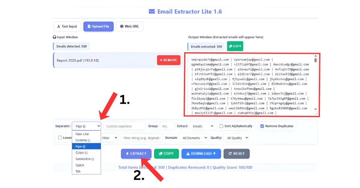 Email extraction results preview in Email Extractor 1.6