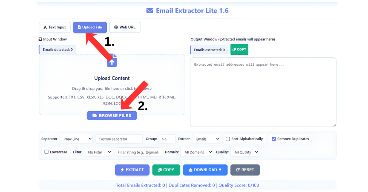 Upload PDF file interface for Email Extractor 1.6